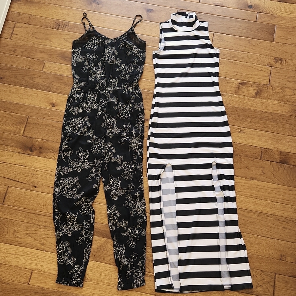 Black and White 2 item bundle. Floral jumpsuit and striped dress. American Eagle